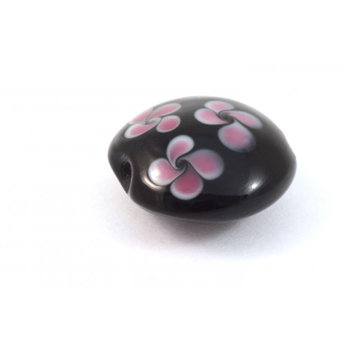 Flat round puffed black 19mm bead with pink flowers 